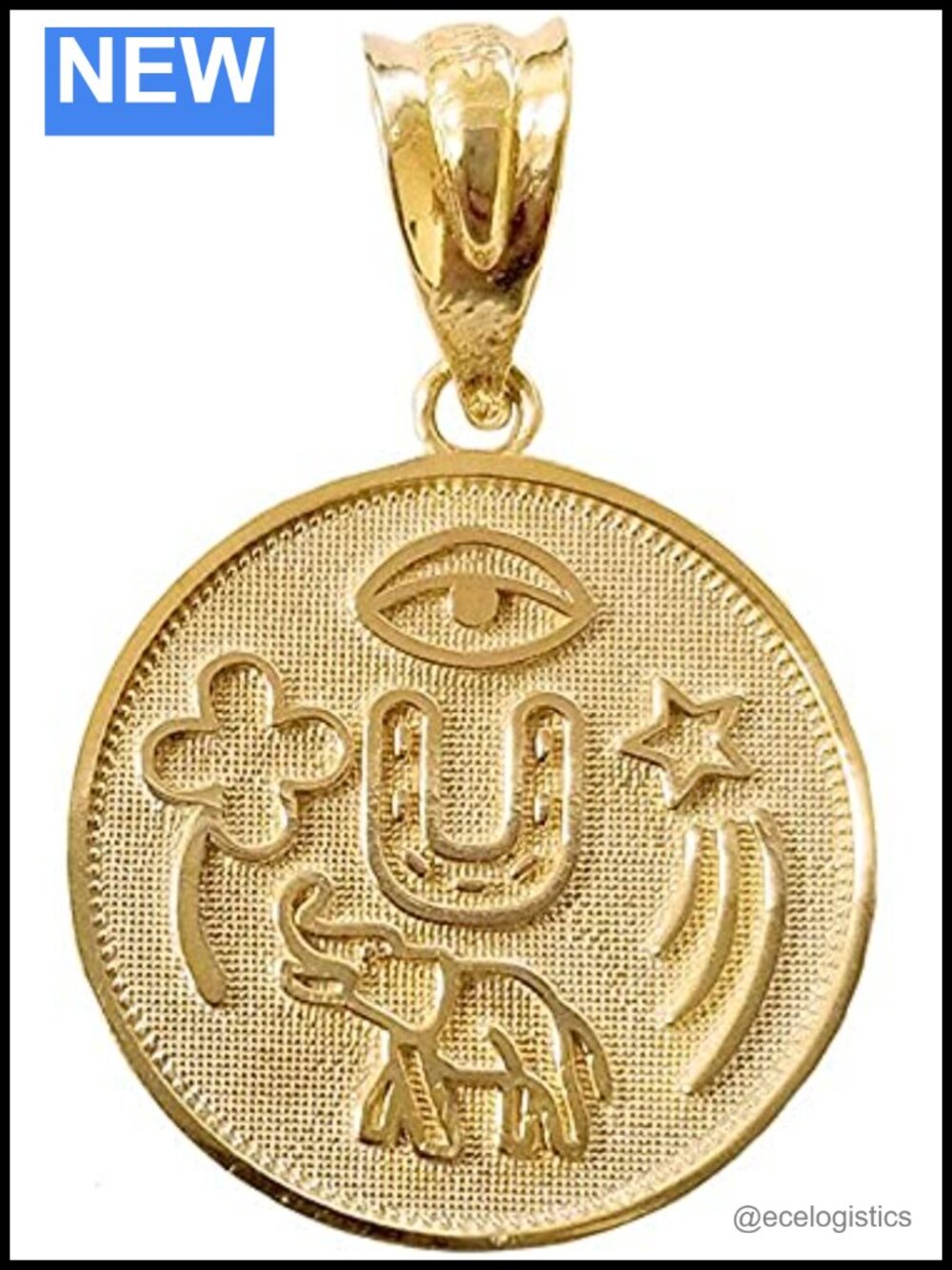 10K Gold Lucky Charm Round Coin Medal Talisman Pendant Solid Gold